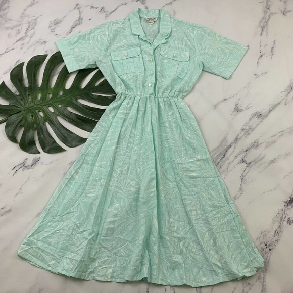 Vintage Dresses & Skirts - Womens Vintage Shirt Dress Size 8 Petite Mint Green Tropical Floral Midi Pastel